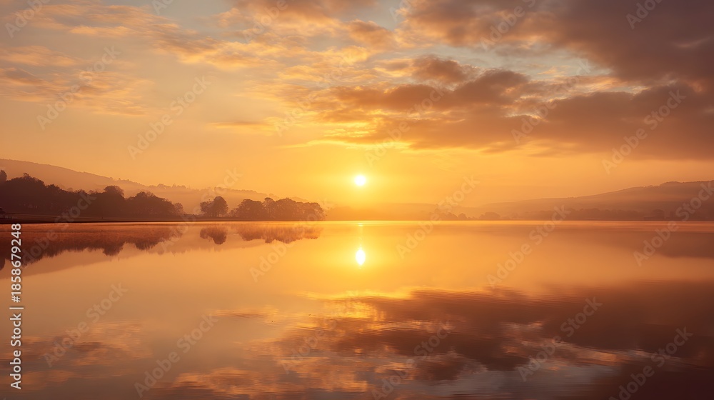 Fototapeta premium Golden Sunset Reflecting on Calm Water with Silhouetted Trees.