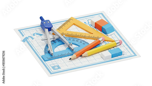 School Supplies on Blueprint: Education Concept