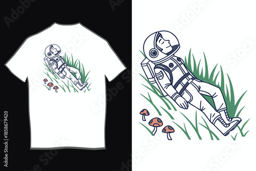 Astronaut taking a relaxed break on a green hill with playful mushrooms