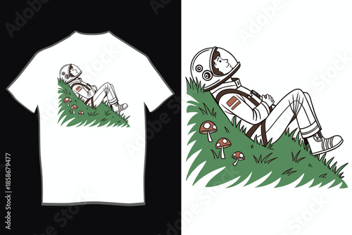 Astronaut taking a relaxed break on a green hill with playful mushrooms