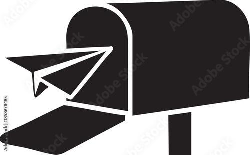 Paper Plane Flying from Open Mailbox for Sent Campaign Silhouettes isolated on white background
