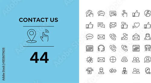 Customer Support and Contact Us Line Icon Set Featuring Email Telephone Location Chat Bubble Social Media and Communication Symbols for Website Help Desk