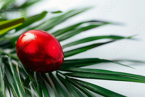 Shiny red egg resting on vibrant green palm leaves metallic foil