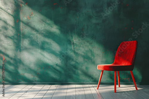 Single red chair against a textured teal wall with light shadows on wooden floor textured wall