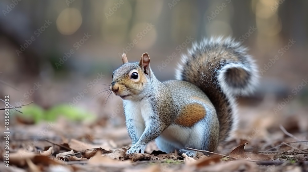 Fototapeta premium Curious Squirrel on Leaf-Littered Forest Floor Staring Quietly Into Distance