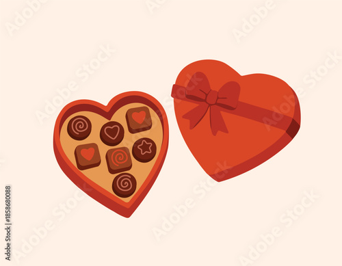 Gift chocolates. Vector illustration. Red box with candies. Happy Valentine's Day greeting. Vector print. Chocolate gift.