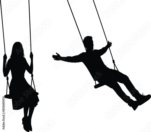 Two people swinging silhouette, playful motion, black figures, dynamic posture, leisure activity, childhood joy, emotional movement, minimalist art, graphic design