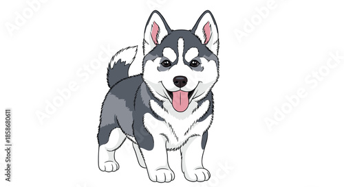 Adorable husky puppy stands proudly with its tongue out, showing its beautiful grey and white fur in a detailed cartoon style.