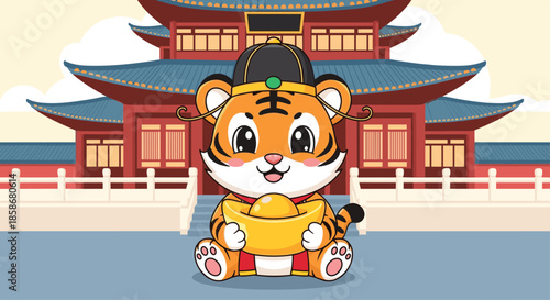 Cute cartoon tiger character wearing a traditional hat and holding a golden ingot in front of a chinese temple for lunar new year fortune.