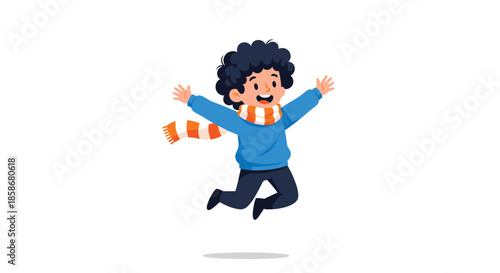 Enthusiastic boy with curly hair jumps high into the air while wearing a blue sweater and an orange striped scarf in celebration.