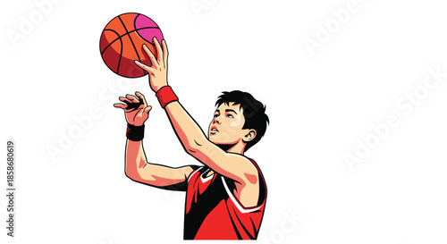 Athletic young boy in a red jersey focuses as he prepares to take a shot with a basketball in a dynamic sports illustration.