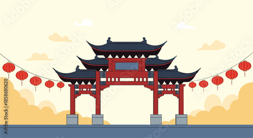 Grand traditional Chinese gate adorned with red hanging lanterns stands against a warm sunset sky for a cultural celebration scene.