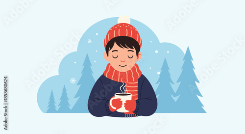 Young boy in a red hat and scarf enjoys a steaming hot drink during a snowy winter day with pine trees and soft snowflakes falling.