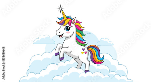 Beautiful white unicorn with a colorful rainbow mane and golden horn stands majestically on soft fluffy clouds in a magical sky.