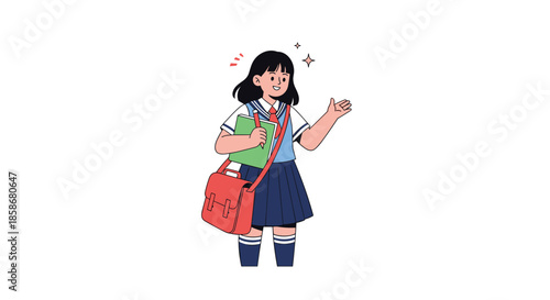 Japanese schoolgirl in a traditional sailor uniform waves while holding a green notebook and wearing a red backpack for school.
