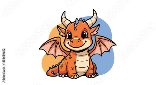 Cute little orange dragon with small wings and horns sits and smiles happily, making a charming character for fantasy stories.