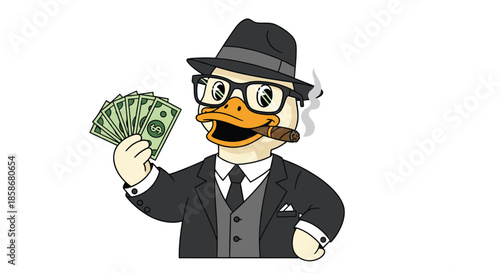 Successful businessman duck wearing a suit, hat, and glasses holds a fan of cash while smoking a cigar in a humorous cartoon.