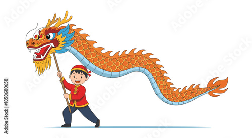 Young boy dressed in traditional red clothing performs a vibrant dragon dance with a long golden dragon for a festive celebration.