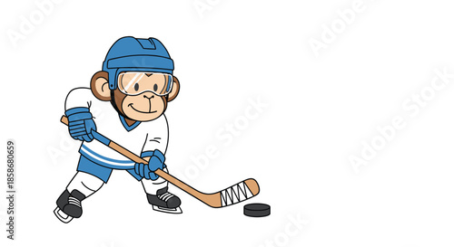 Energetic monkey dressed in ice hockey gear skates quickly across the ice with a hockey stick and a black puck in play.