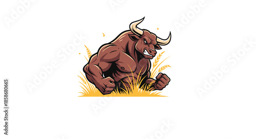 Powerful muscular bull stands amidst a golden field of wheat, displaying its impressive strength and spirit in a dynamic pose.
