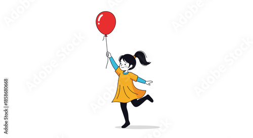 Young girl with a black ponytail runs happily while holding a single red balloon on a string, symbolizing simple childhood joy.