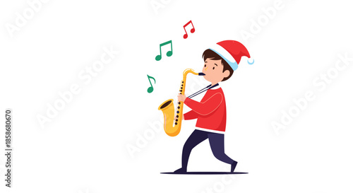 Musical young boy wearing a red Santa hat plays a golden saxophone while colorful musical notes float around him in the air.
