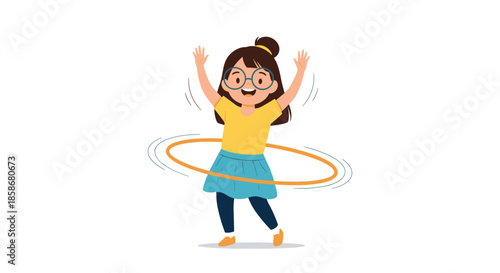 Happy young girl with glasses and a brown bun enjoys playing with an orange hula hoop, showcasing active fun and coordination.