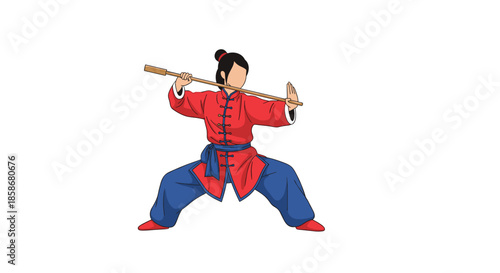 Skilled woman in a red and blue traditional martial arts uniform practices her technique with a long wooden staff in a strong pose.