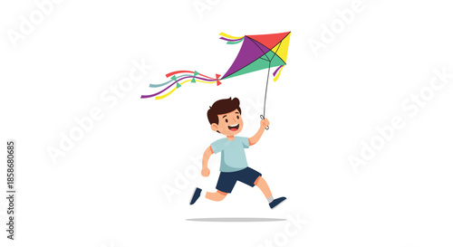 Young boy in a light blue shirt runs happily through a field while flying a large and colorful kite in the windy sky.