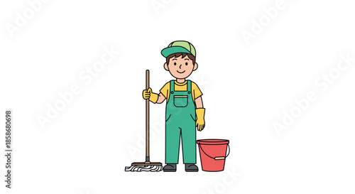 Friendly young man dressed in a green janitor uniform with gloves stands next to a red bucket and mop for cleaning.