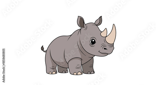 Strong and sturdy grey rhinoceros with two prominent horns stands on a plain background in a friendly cartoon animal style.