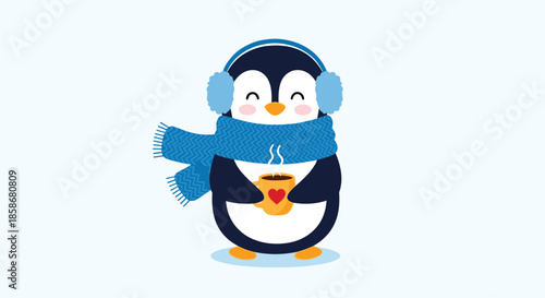 Cozy little penguin wearing a blue scarf and earmuffs smiles warmly while holding a steaming mug of hot chocolate or coffee.