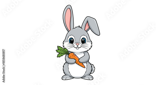 Fluffy grey rabbit with long ears and big blue eyes holds a large orange carrot with both paws in a cute animal illustration.