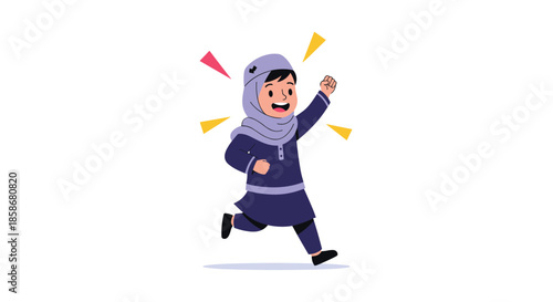 Energetic young girl in a purple hijab and traditional dress runs excitedly with her fist raised in a celebration of success.