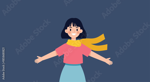 Happy young woman with short black hair stands with her arms wide open as her yellow scarf blows in a gentle breeze.