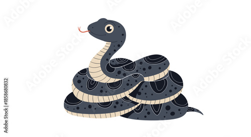 Coiled black snake with intricate white patterns and a forked tongue flicking out sits in a calm and decorative cartoon pose.