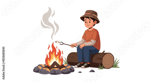 Young boy wearing a brown hat sits on a log and roasts a marshmallow over a glowing campfire during a camping trip.