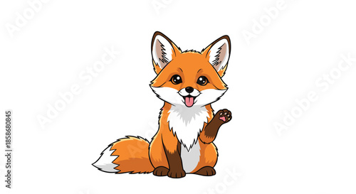 Adorable orange fox with large eyes and a bushy tail sits and raises a paw in a friendly waving gesture on white.