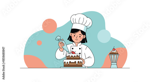 Professional young female chef in a white uniform and hat carefully decorates a multi-tiered chocolate cake with white frosting.