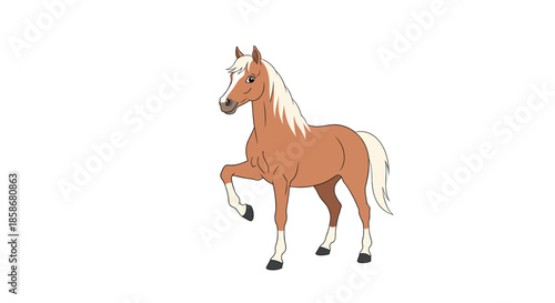 Elegant light brown horse with a white mane and tail stands gracefully on a plain white background in a side profile.
