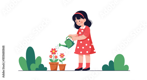 Cute young girl in a red polka dot dress uses a green watering can to take care of potted flowers in a garden.