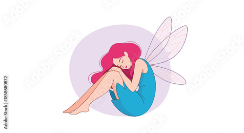 Magical fairy with long pink hair and blue wings sleeps peacefully while curled up inside a light purple circle frame.