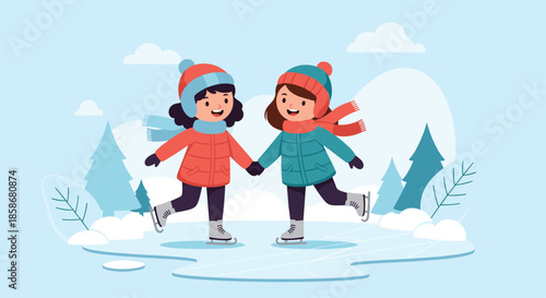 Two happy young girls wearing winter coats and hats hold hands while ice skating together on a frozen outdoor rink.