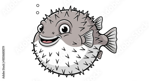 Large grey pufferfish with many sharp spines and big friendly eyes swims through the water with small bubbles above.