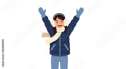 Happy young girl wearing a warm navy blue puffer jacket and a white scarf raises her hands in a cheerful gesture.