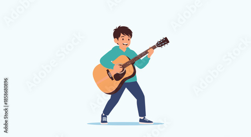 Enthusiastic young boy in a green hoodie and dark pants stands and plays an acoustic guitar with a happy expression.