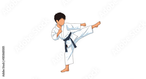 Young boy in a white karate uniform and black belt executes a powerful side kick against a plain white background.