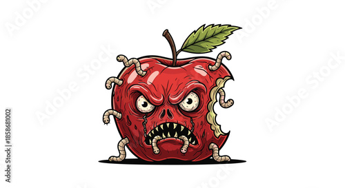Scary zombie apple with sharp teeth and worms crawling out of its red skin creates a spooky halloween theme.