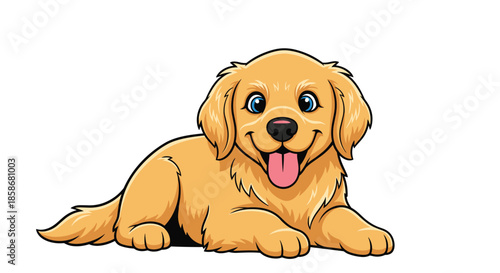 Cute golden retriever puppy lies down comfortably on a white surface with its tongue out in a happy expression.