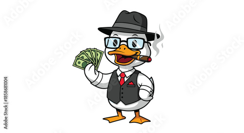 Boss duck character wearing a stylish suit and hat holds a fan of dollar bills while smoking a cigar with confidence.